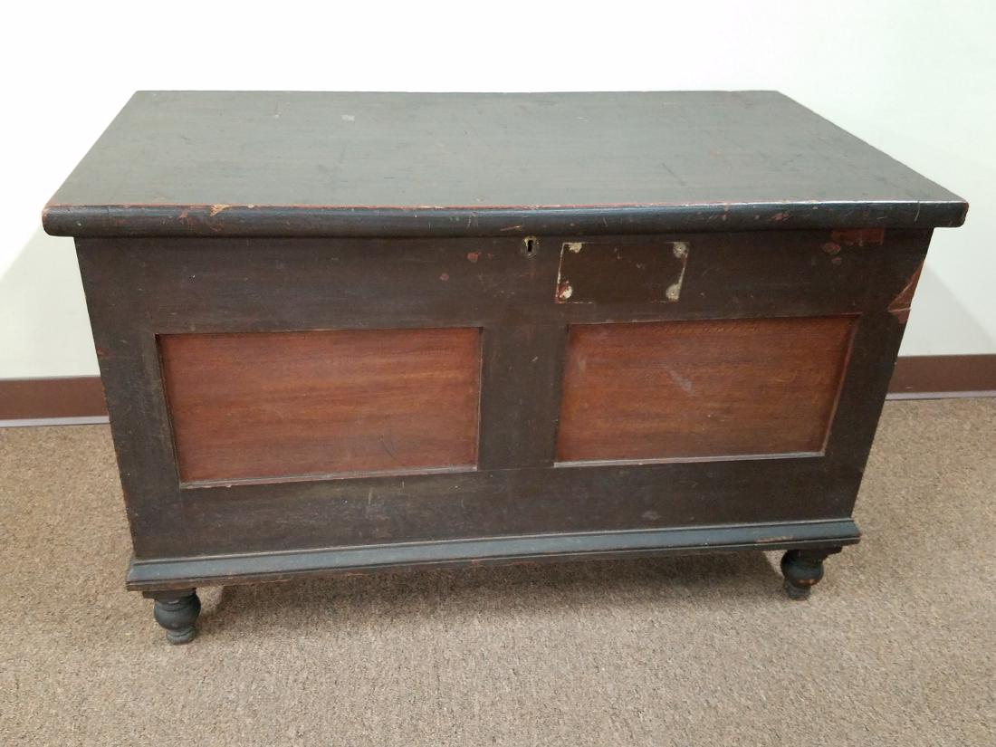 Antique Blanket Chest: 40" wide x 21-1/4" deep x 25-1/2" high. Scratches throughout. Four screw holes and scratches on the top front of chest.