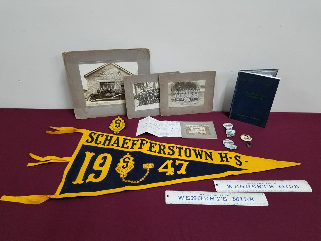 12 Pcs Schaefferstown Ephemera: Includes photos, Bicentennial book, pins ,high school pennant, ETC.