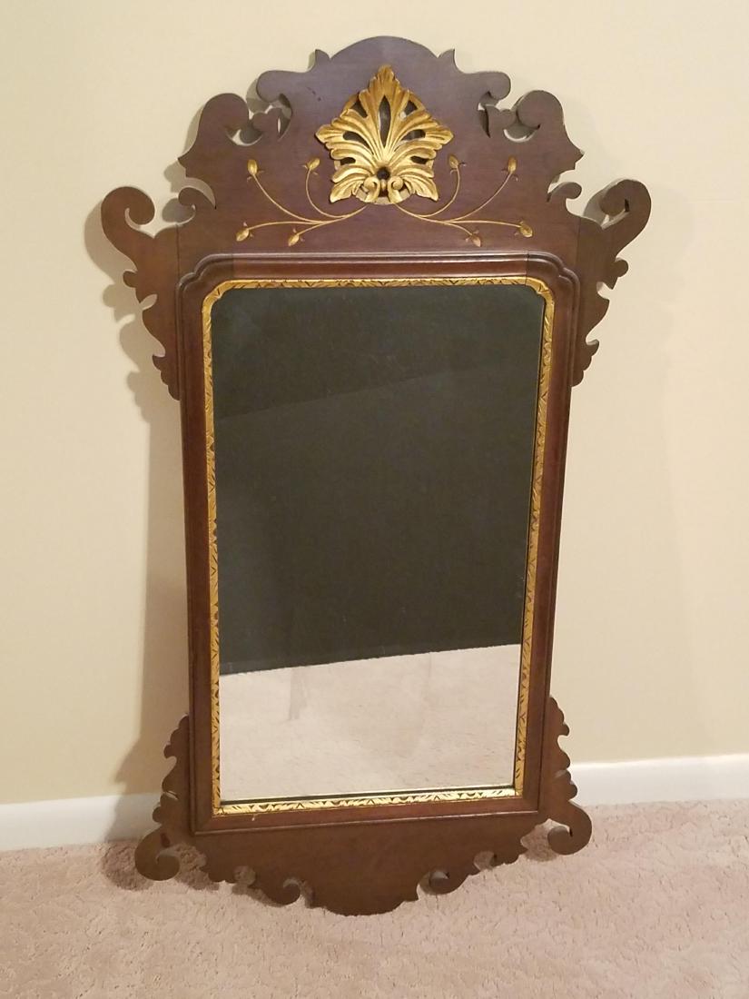 Antique Mirror: Overall with frame 39" high x 21-1/2" wide. Some discoloration to glass.