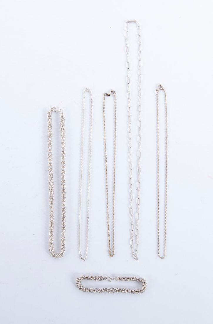 6 Silver Chains: Bracelet and five necklaces. 7" to 24".