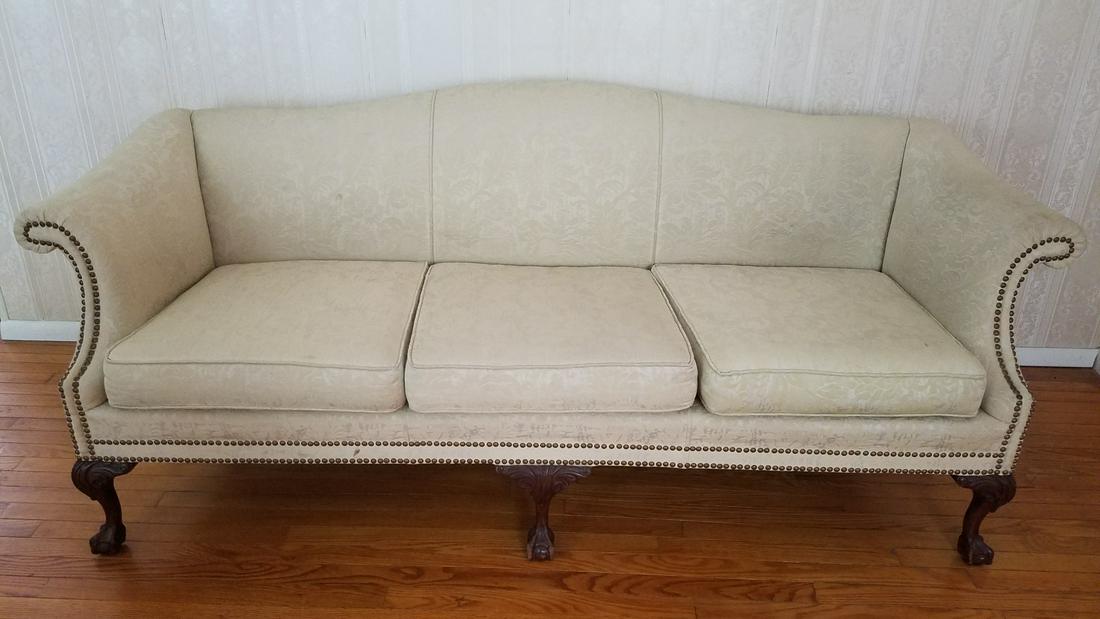 Settee: 82" wide x 34" deep x 28" high. Minor staining.