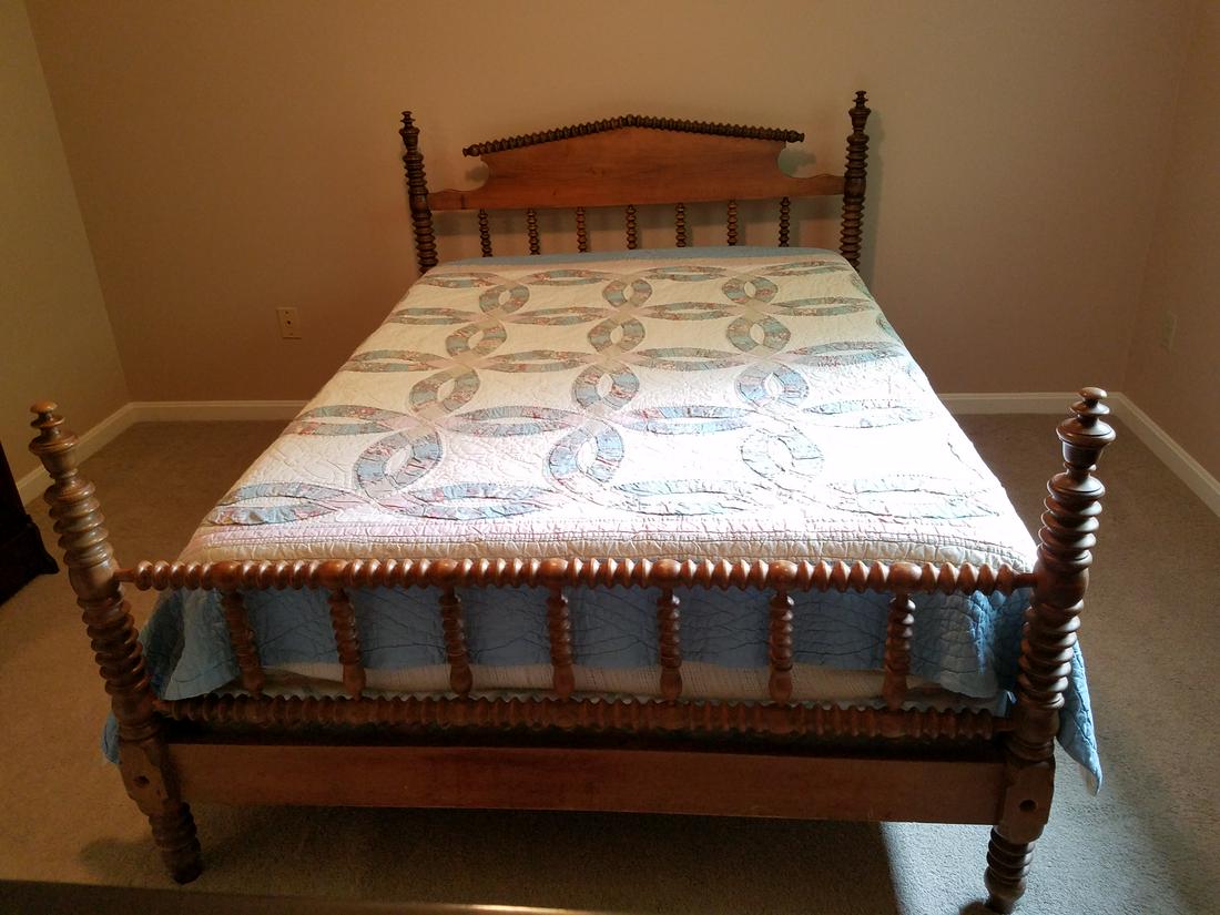 Antique Spindle Bed: 58" wide x 81-3/4" long x 43" high. Some scratches throughout. Mattress, box spring and quilt not included.