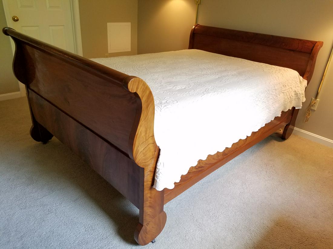 C. 1900 Sleigh Bed: 58-1/2" high x 82" long x 39" high. Bedding not included.