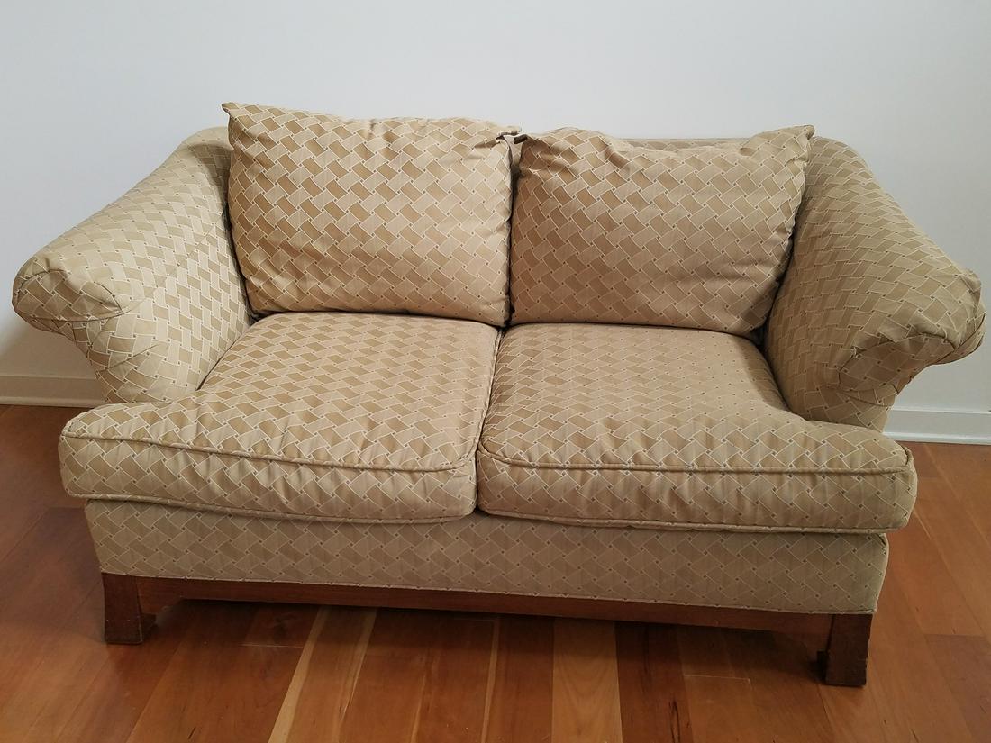 Bassett Loveseat: 66" wide x 48" deep x 30" high. Minor scratches to frame.