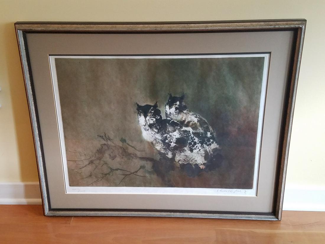 Moti Owl Lithograph: Edition XLVIII / LXXV. Overall with frame 27" high x 33" wide.
