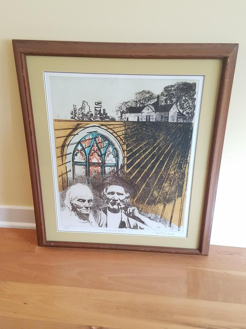 M. Tomchuk "Midwest Gothic" Lithograph: Edition 62 / 100. Overall with frame 27" high x 22-1/2" wide.