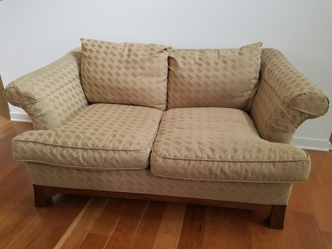 Bassett Loveseat: 66" wide x 48" deep x 30" high. Minor scratches to frame.