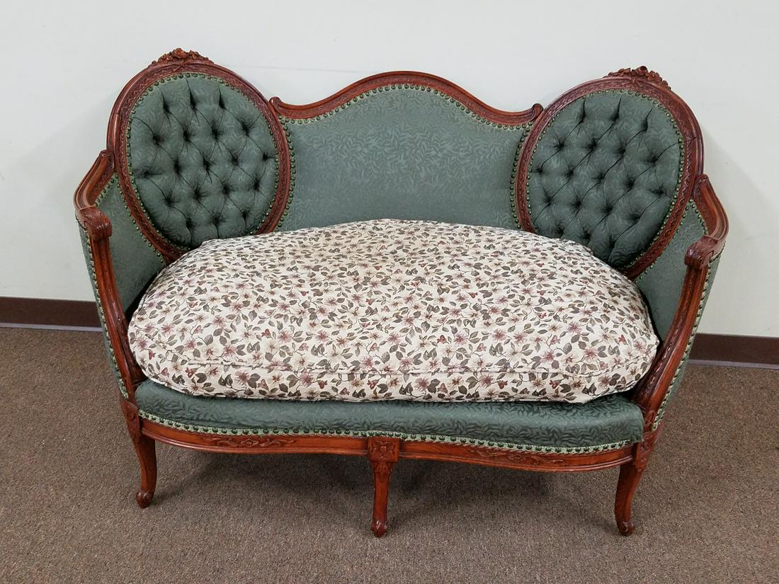 Victorian Settee: 54" wide x 33" deep x 34-1/2" high. Cushion reupholstered.