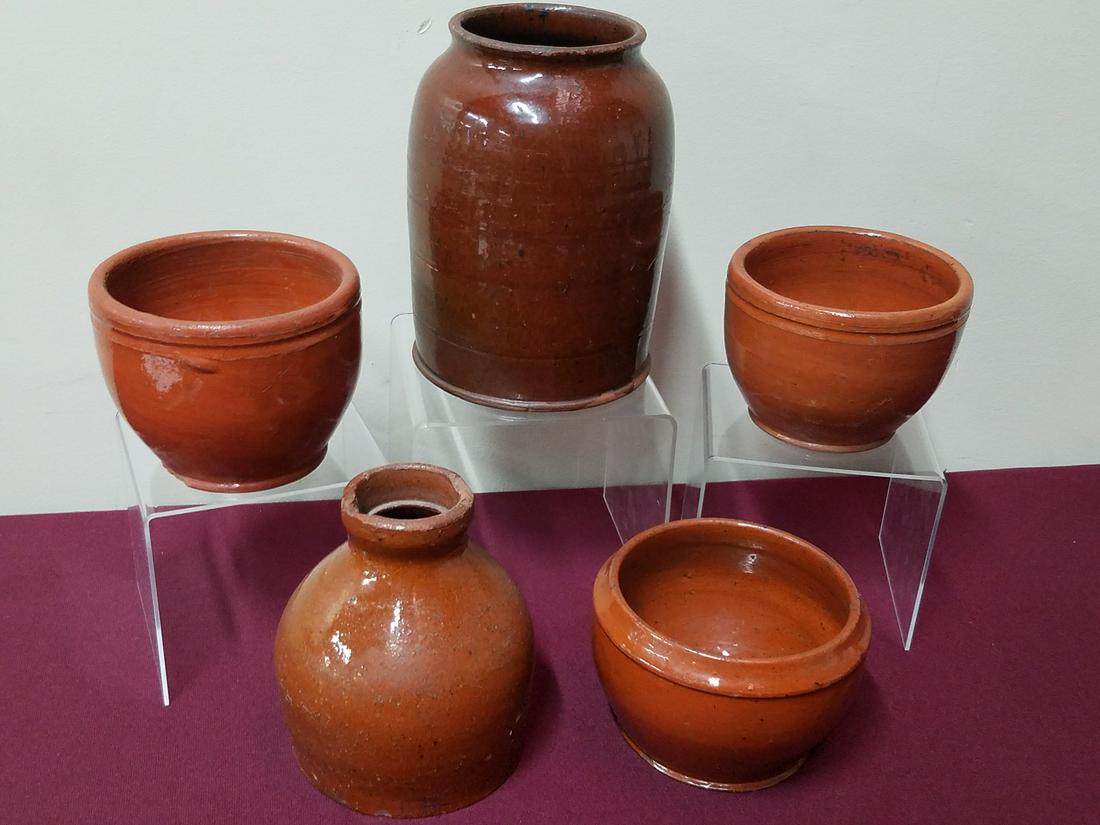 5 Pcs Redware: All unmarked. 4" to 8" high. Chips throughout.