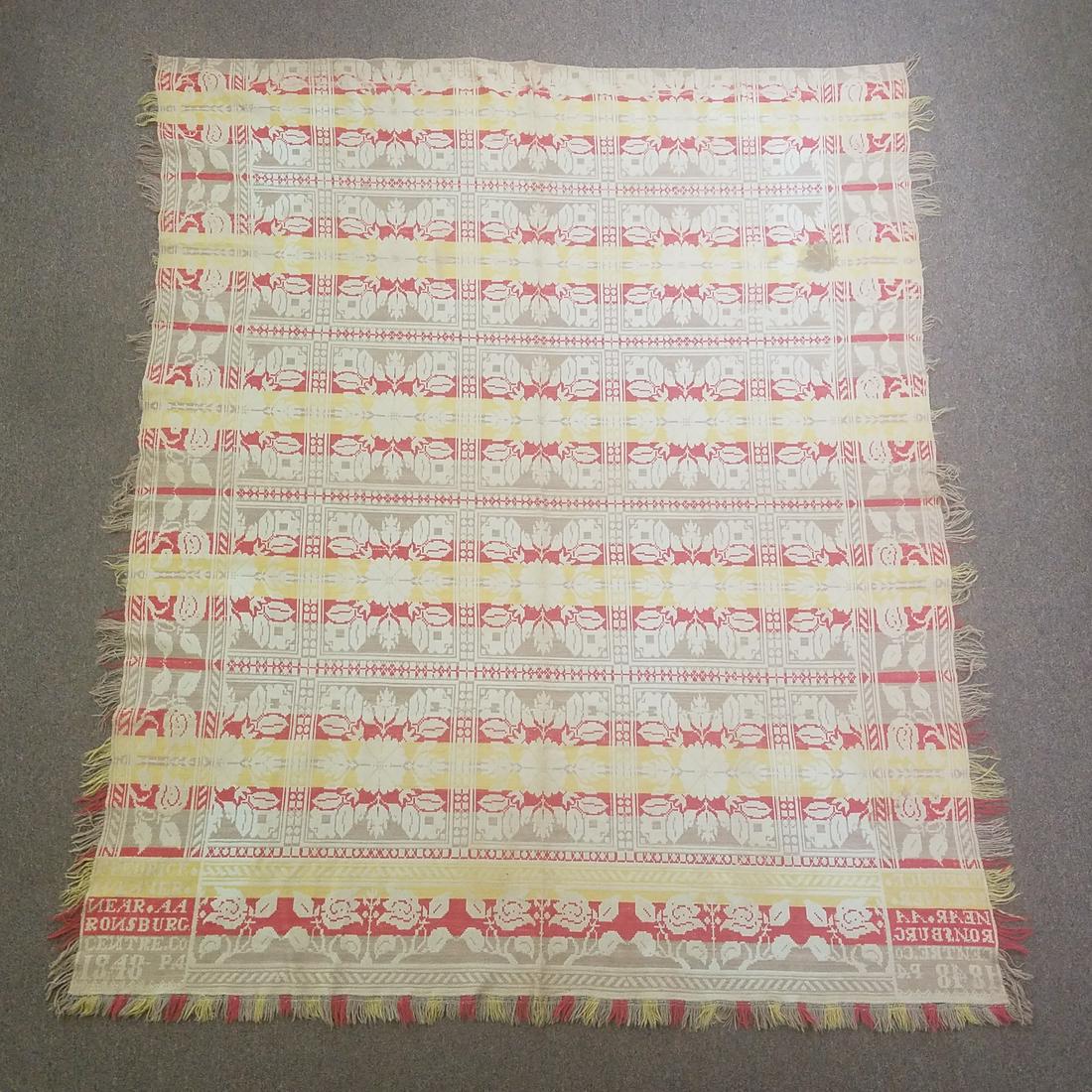 Antique Coverlet: 7'3" X 6'4". Dated block "Fredrick Heaver. Near. AA Ronsburg. Centre. Co 1848 PA".