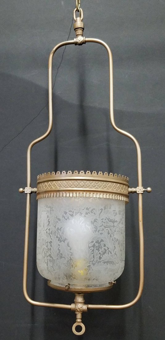Antique Etched Hanging Light: 24" high. In working order.