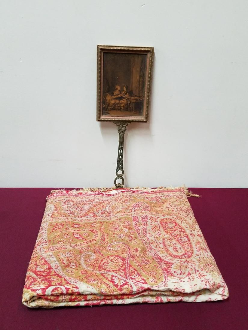 Antique Mirror and Shawl: Mirror 17-3/4" high. Paisley shawl 66" wide x 66" long. Some losses to shawl.