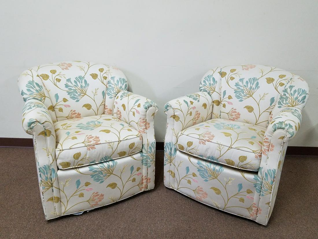 2 Stickley Swivel Upholstered Arm Chairs: 35" wide x 36" deep x 34" high. Discoloration throughout.