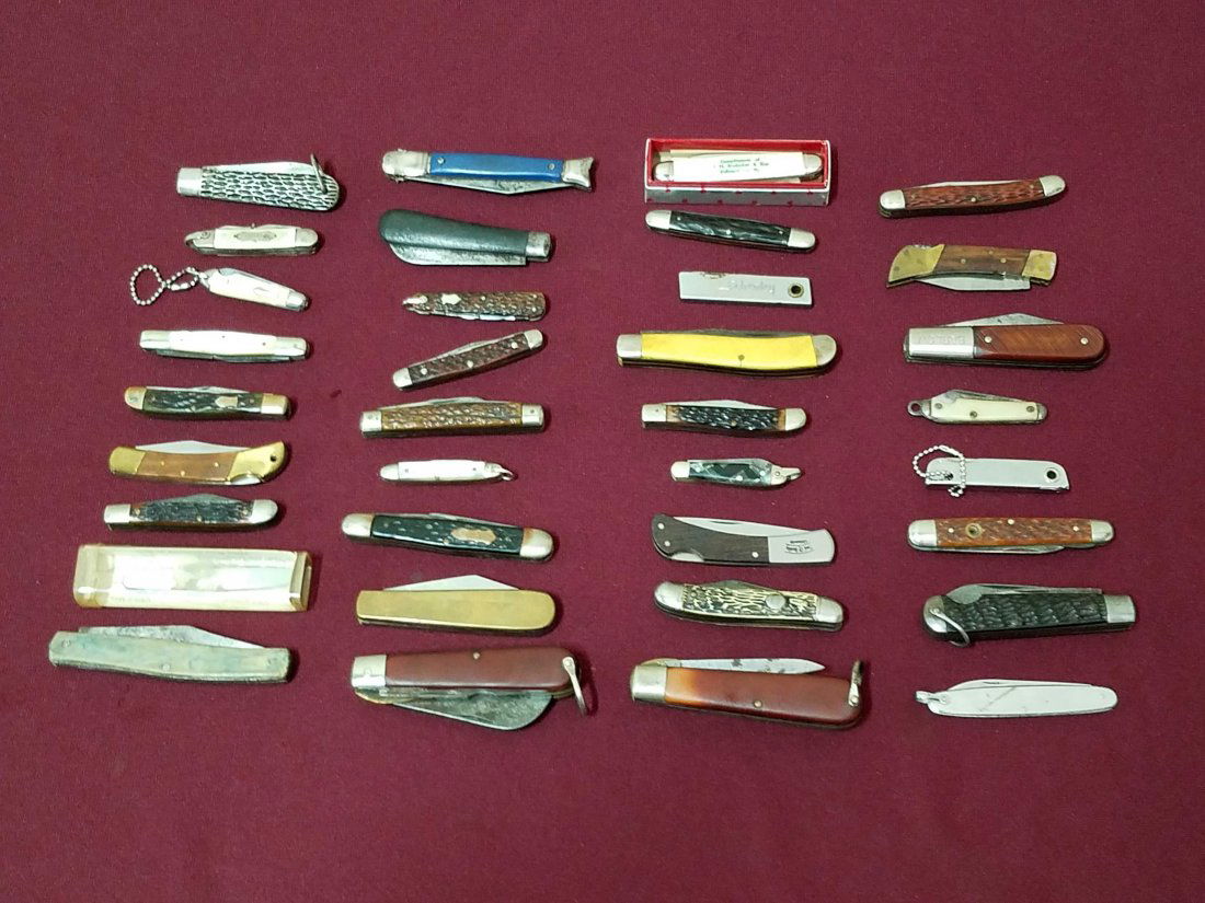 35 Pocket Knives incl. Keen Kutter: Also includes Miller Bros, Kutmaster, Craftsman, LF and C, Pal Blade Co, Ulster, Camillus, Boker, Schenley, Barlow, Schrade, Whale Cutlery Co, Ideal, IK Co and Swan Works.