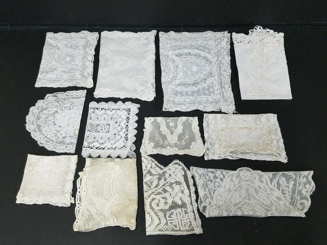 13 Pcs 19th Century Lace: Some with minor staining. 13" to 30" long.