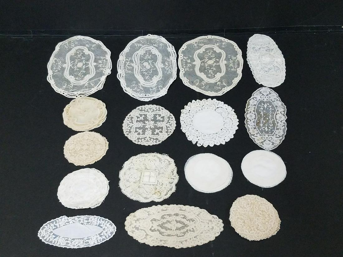 53 Pcs 19th Century Lace: Includes place mats and doilies. 5-1/2" to 13-1/2" long.