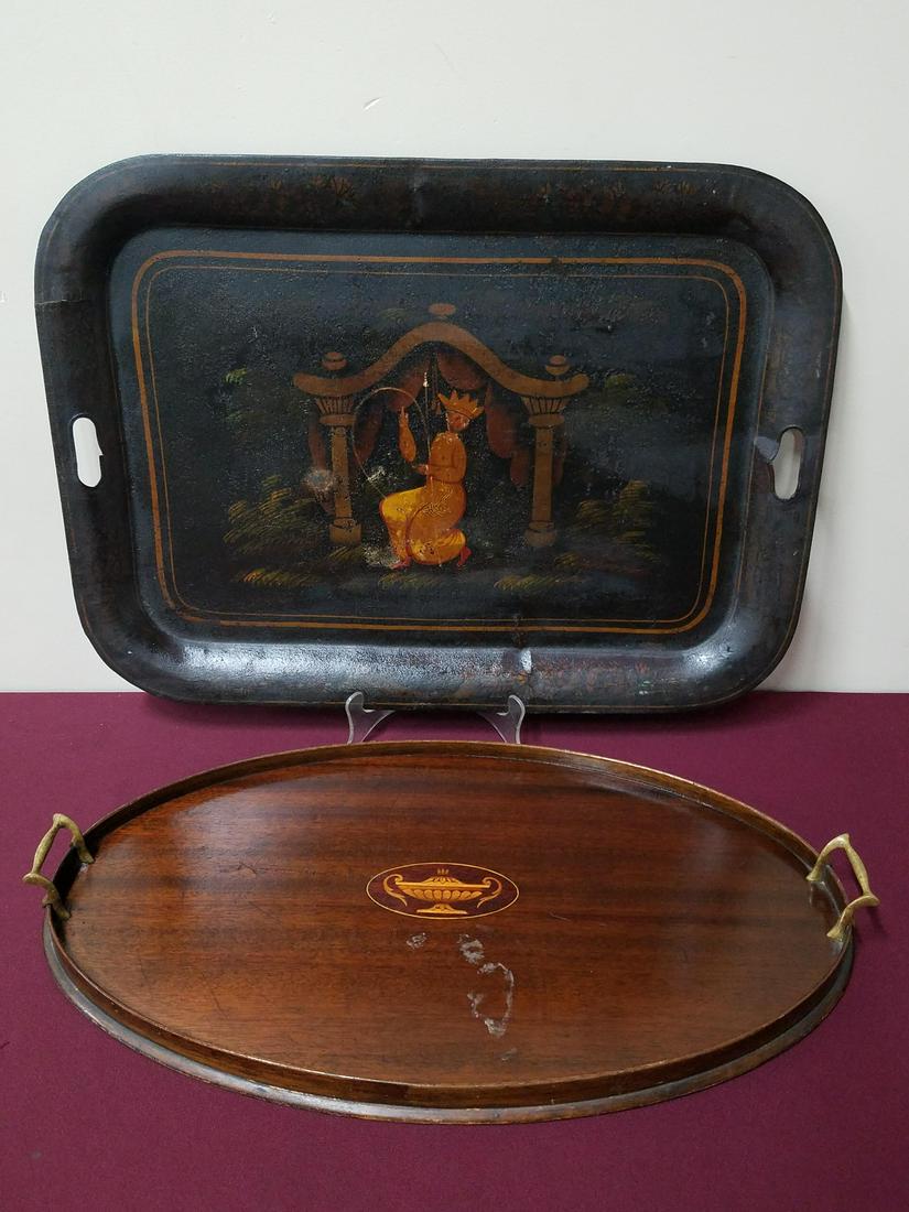 Toleware and Inlaid Trays: 24-3/4" to 26-1/4" long. Inlaid wooden tray with surface wear.