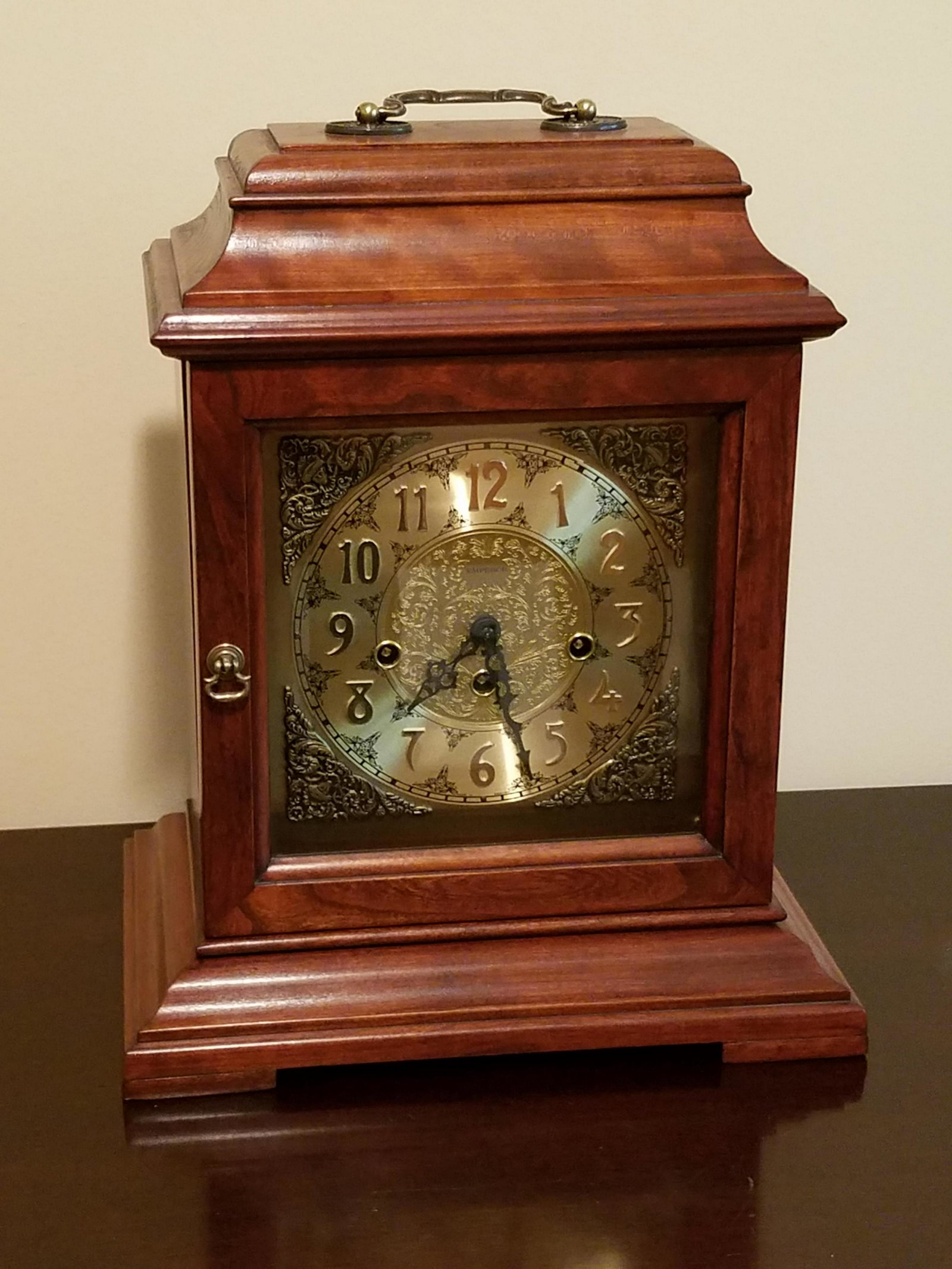 Emperor Mantle Clock: 12" wide x 8" deep x 15" high. Key included. Made in Germany.