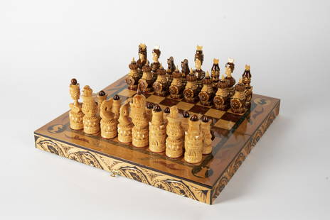 Irish Art Deco Hand-Carved Burl Wood Geometric Chess Set with Inlaid Wood  Board For Sale at 1stDibs