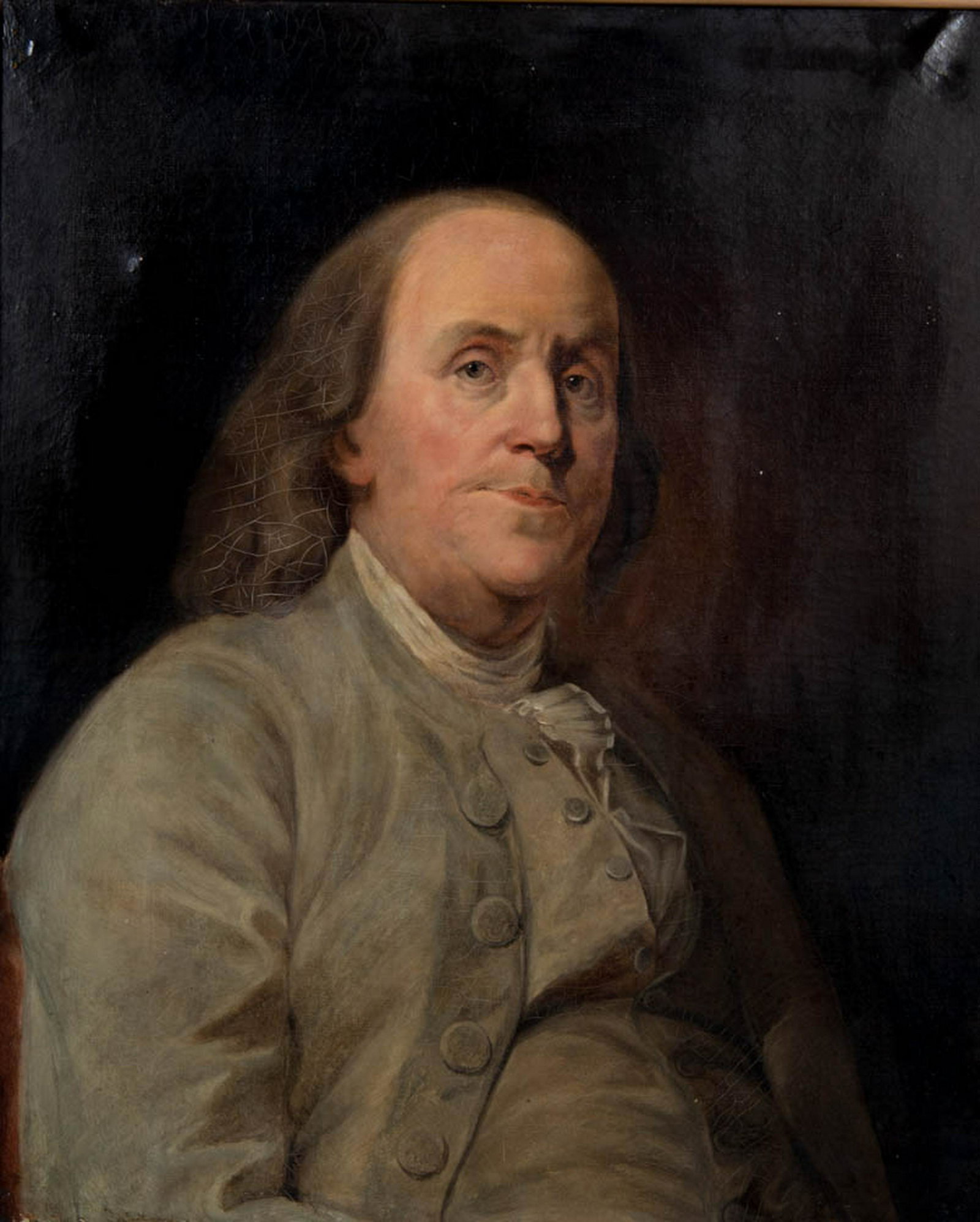 After Joseph Siffred Duplessis (French, 1725-1802): DESCRIPTION: After Joseph Siffred Duplessis (French, 1725-1802). Oil on canvas. Portrait of Benjamin Franklin. In painted wood frame. PROVENANCE: Purchased by consignor at Freeman's in Philadelphia, P