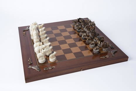 Irish Art Deco Hand-Carved Burl Wood Geometric Chess Set with Inlaid Wood  Board For Sale at 1stDibs