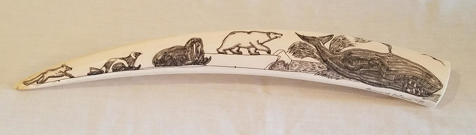 Bernard Katexae Scrimshaw Tusk: 15-1/2" long x 2-1/4" high.