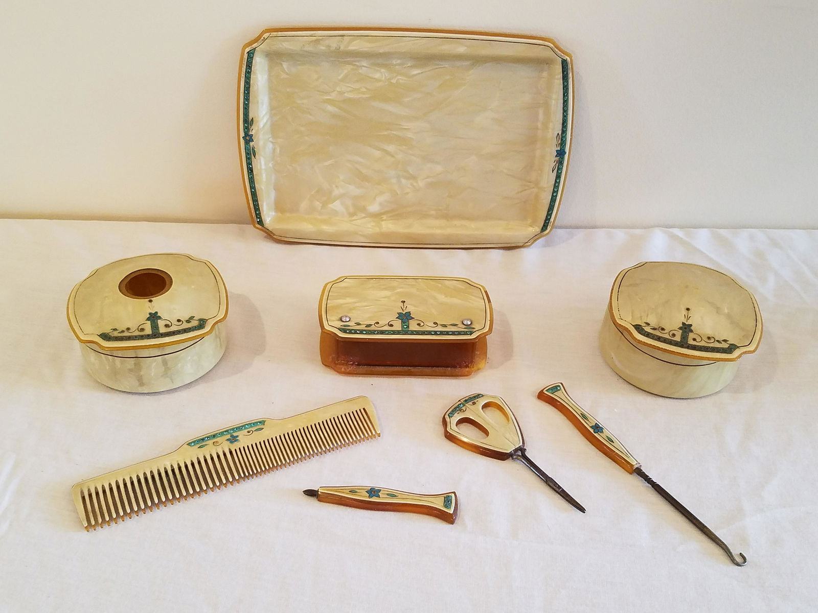 8 Pcs Celluloid and Jewel Dresser Set (1 of 2)