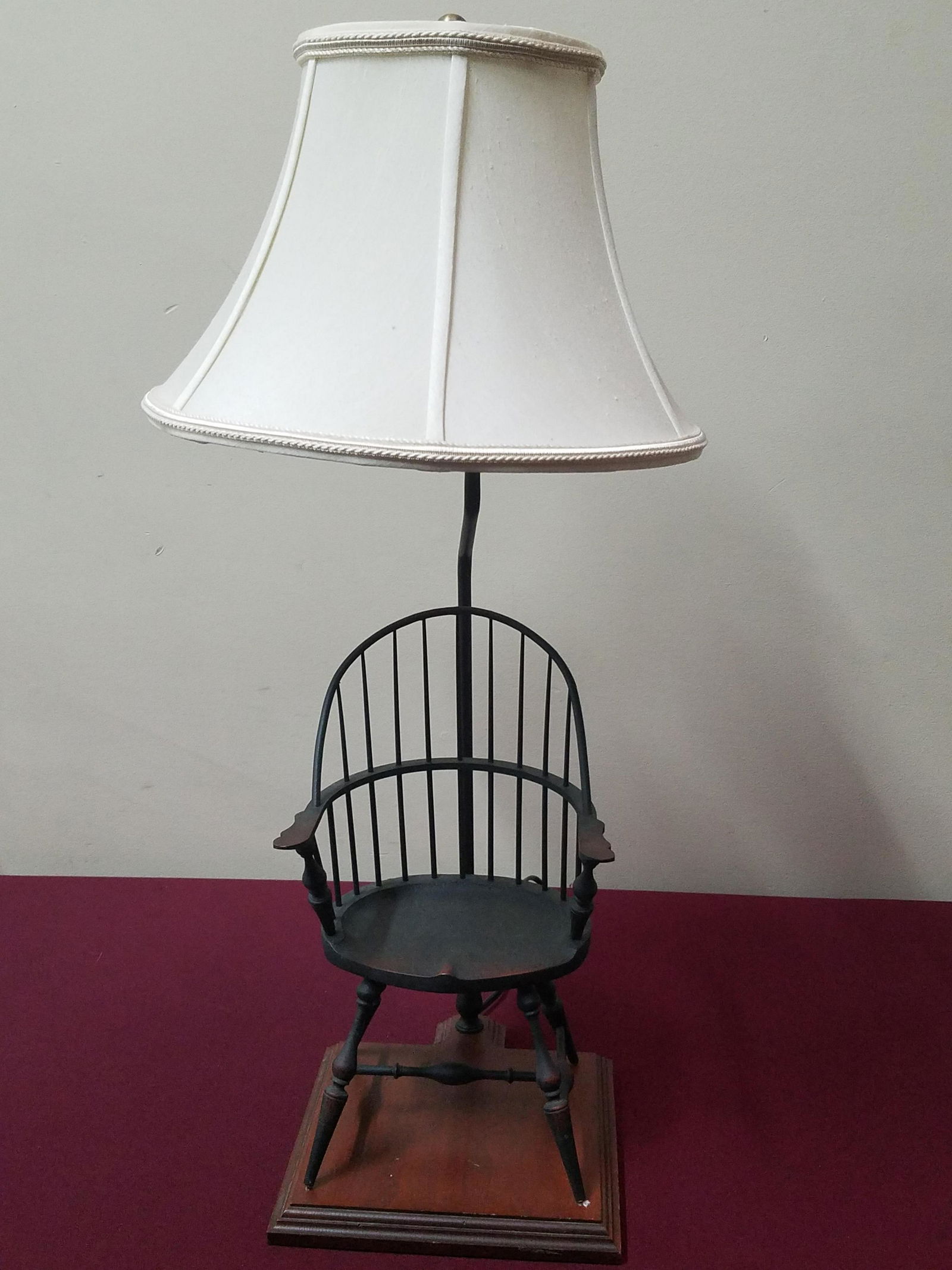 Windsor Chair Lamp: Crack in front left leg. In working order. 28-1/2" high.