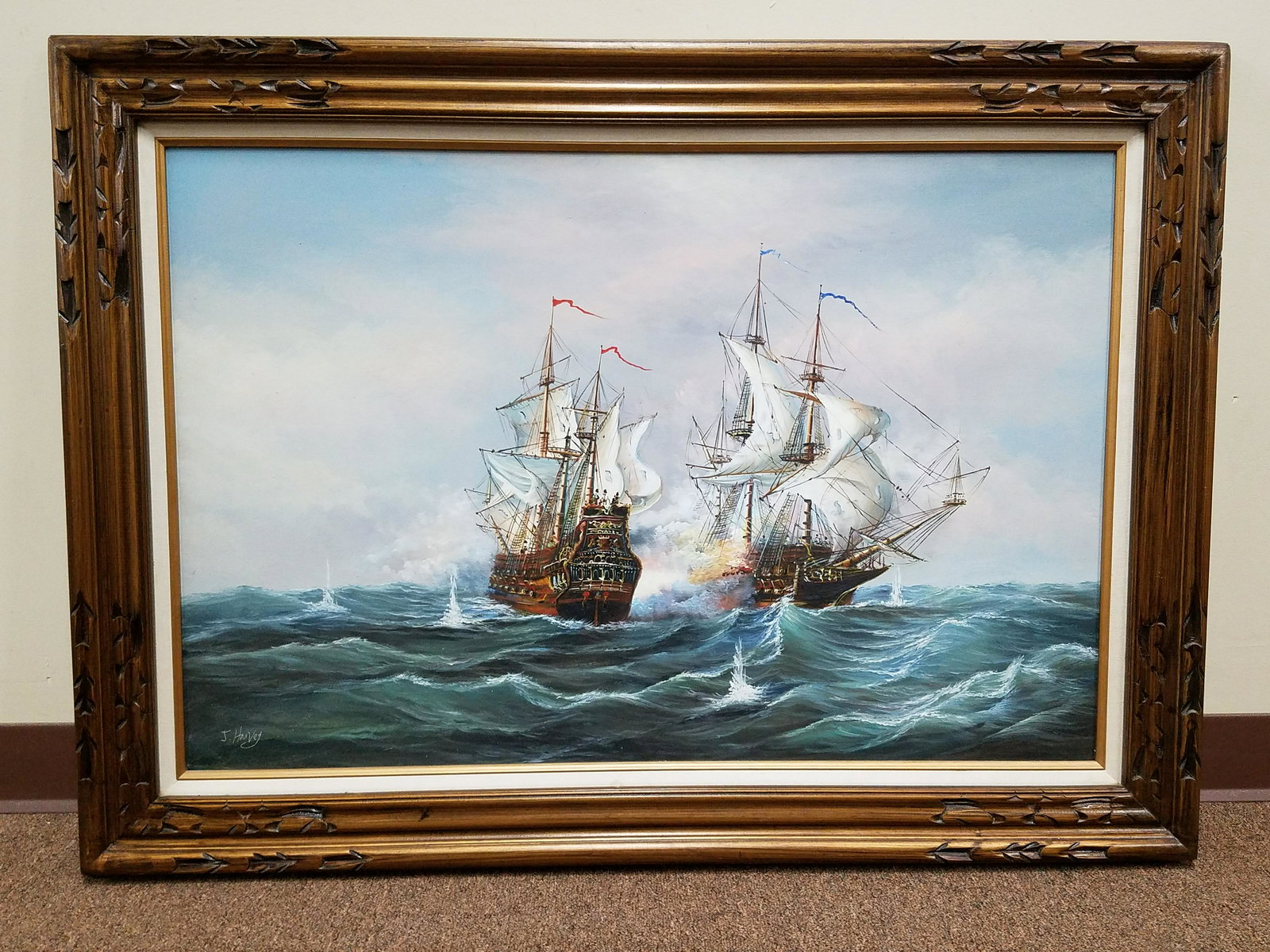 J. Harvey Galions Sea Battle at War Painting: Overall with frame 31-1/2" high x 43-1/2" wide.