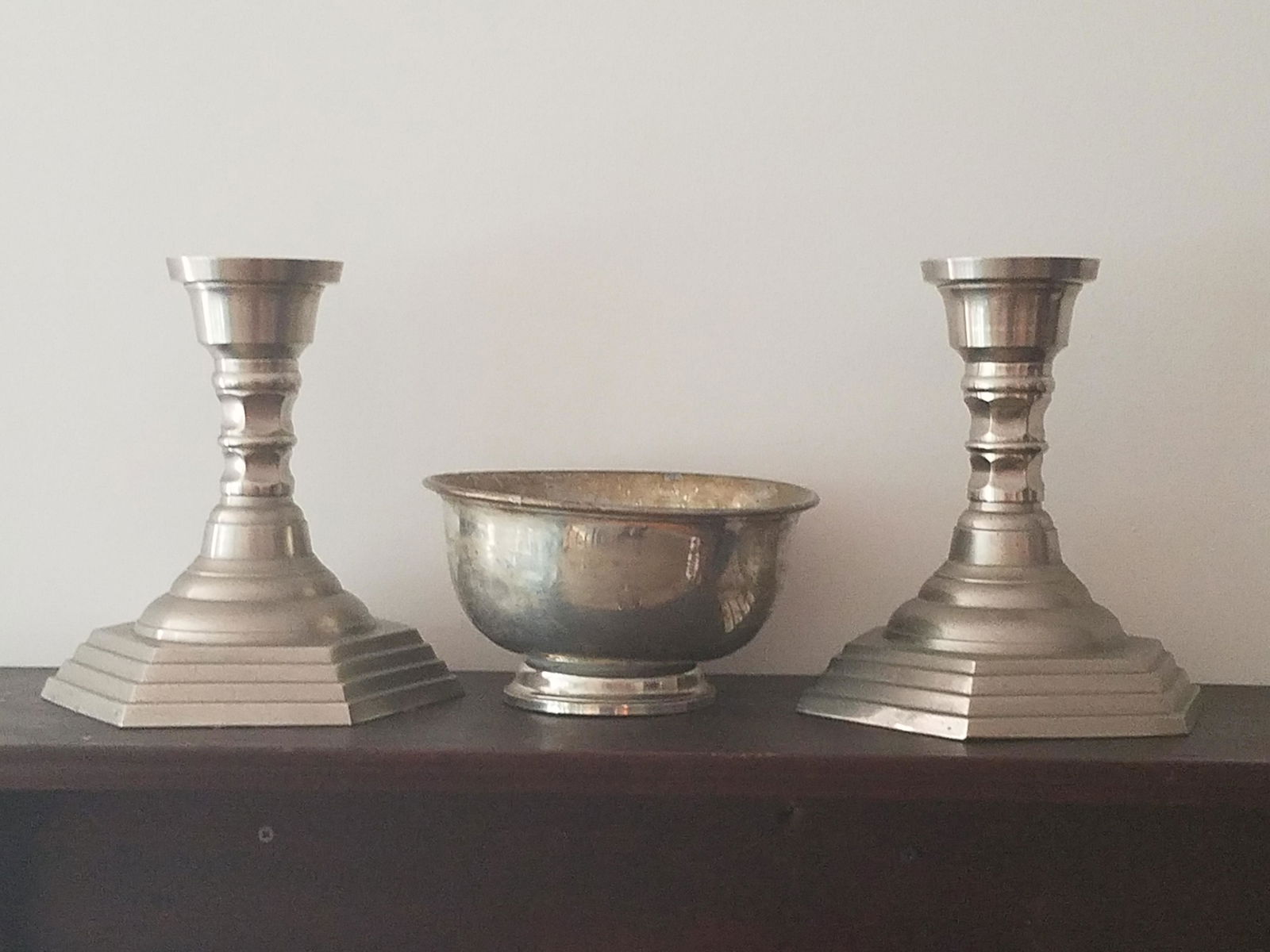 3 Pcs Pewter Global Views Candle Holders and Bowl (1 of 3)