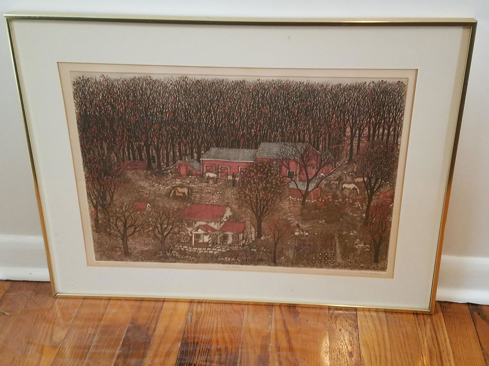Cuca Romley "The Stables" Print: Artist proof in lower left corner. Overall with frame 23-1/4" high x 31-1/4" wide.