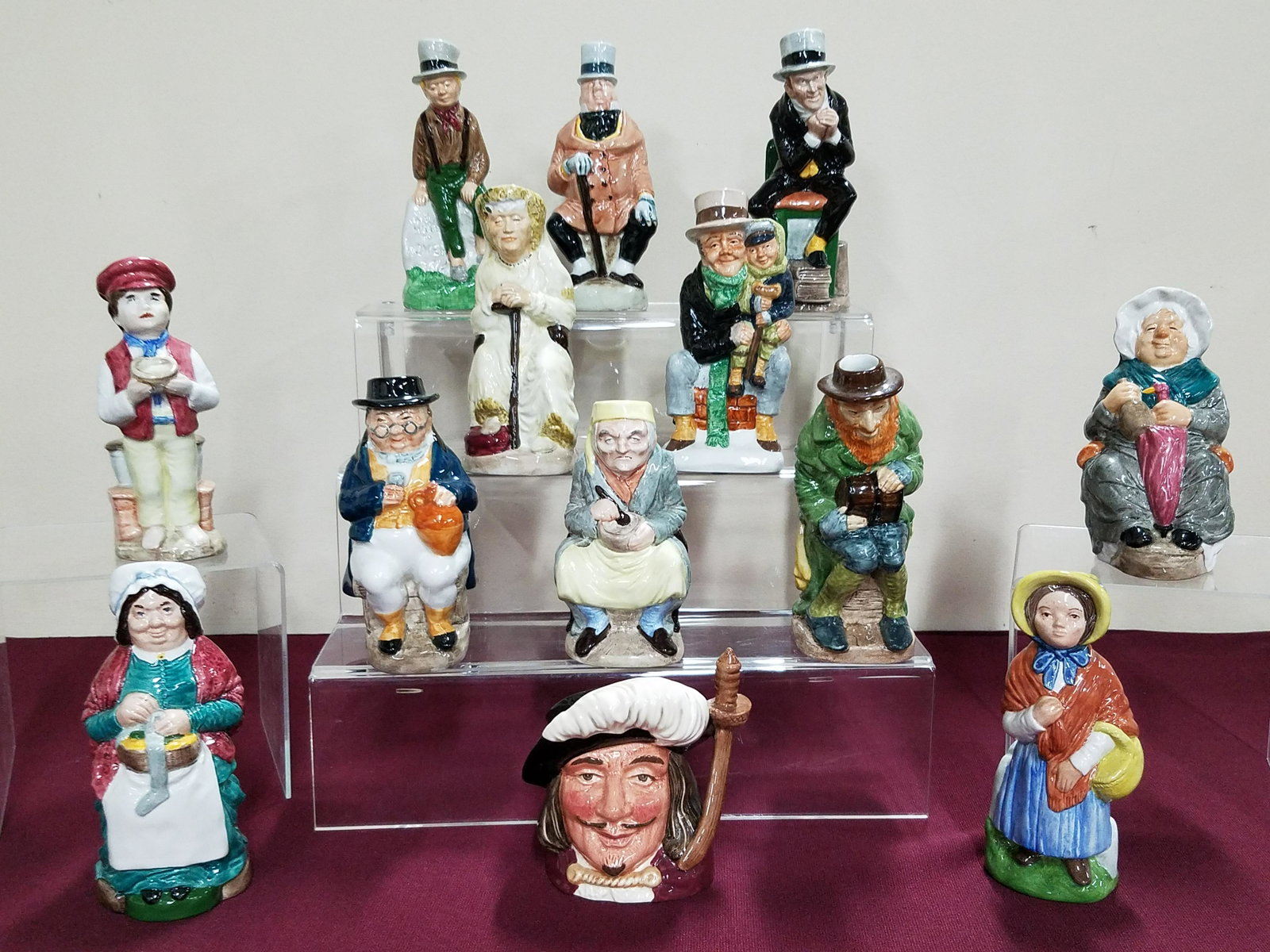 13 Franklin Porcelain Jugs and Royal Doulton: Includes the Charles Dickens Toby Jug Collection. 4-1/4" to 6-1/2" high.