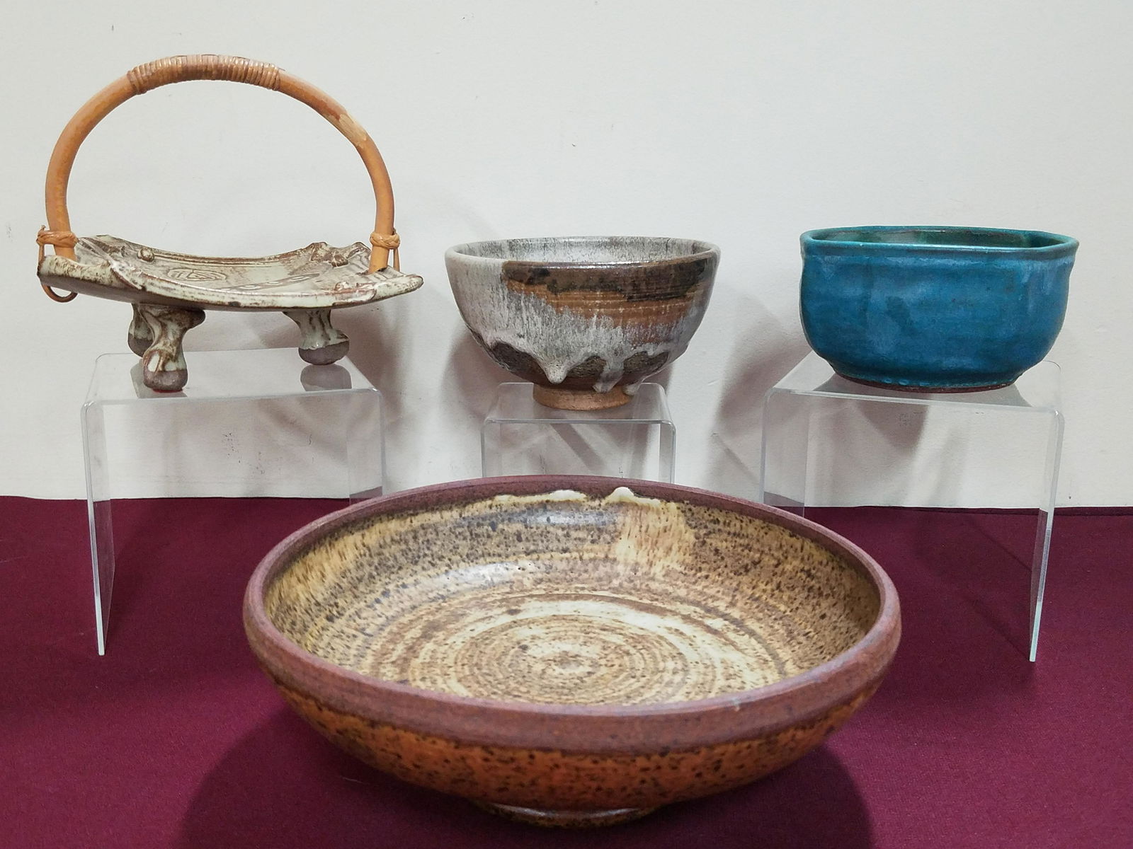 4 Pcs Studio Pottery Bowls and Basket (1 of 4)