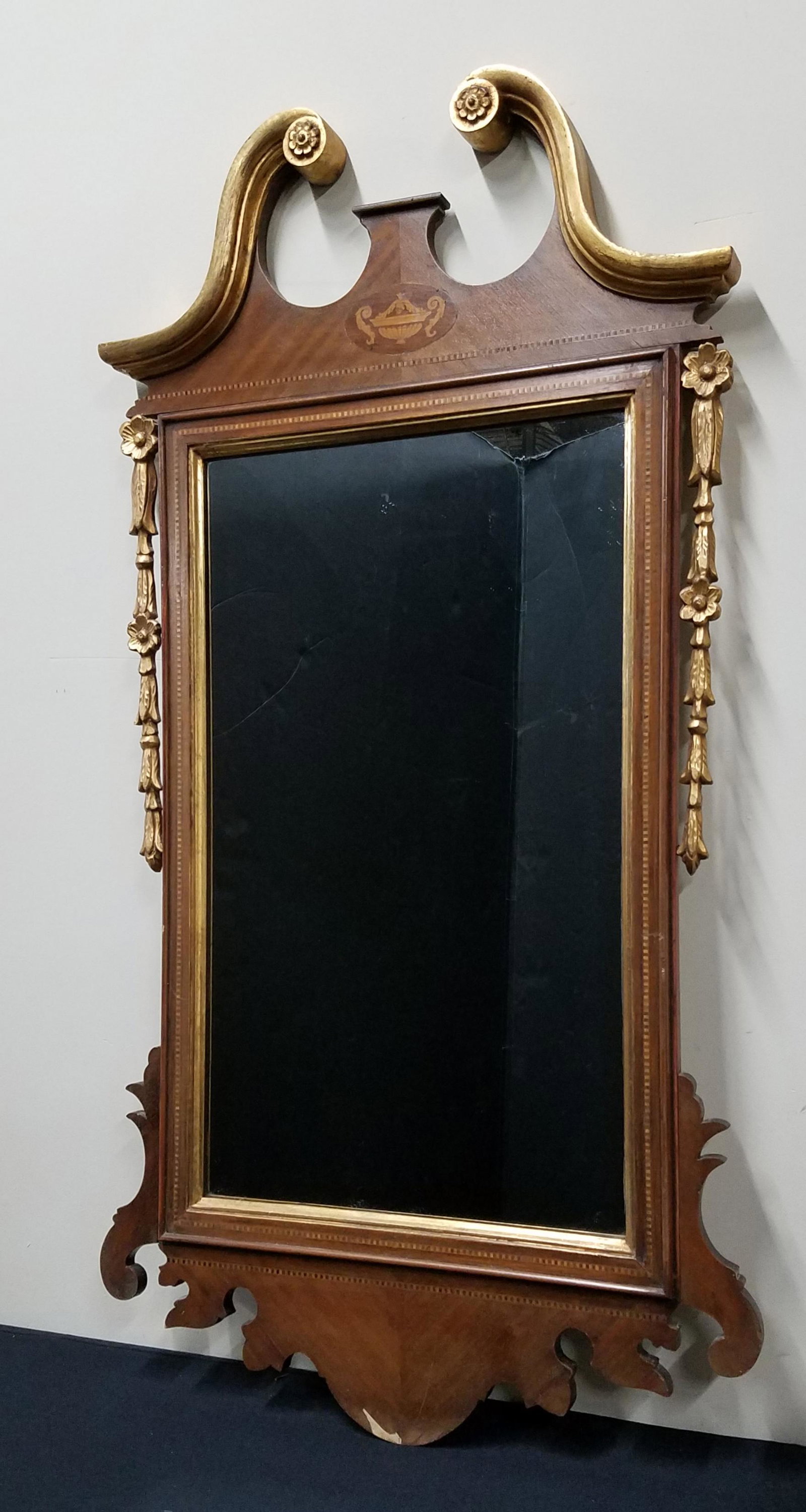 Antique Inlayed Mirror: Some veneer loss. Missing finial. Overall with frame 26-1/4" wide x 2" deep x 52-1/2" high.