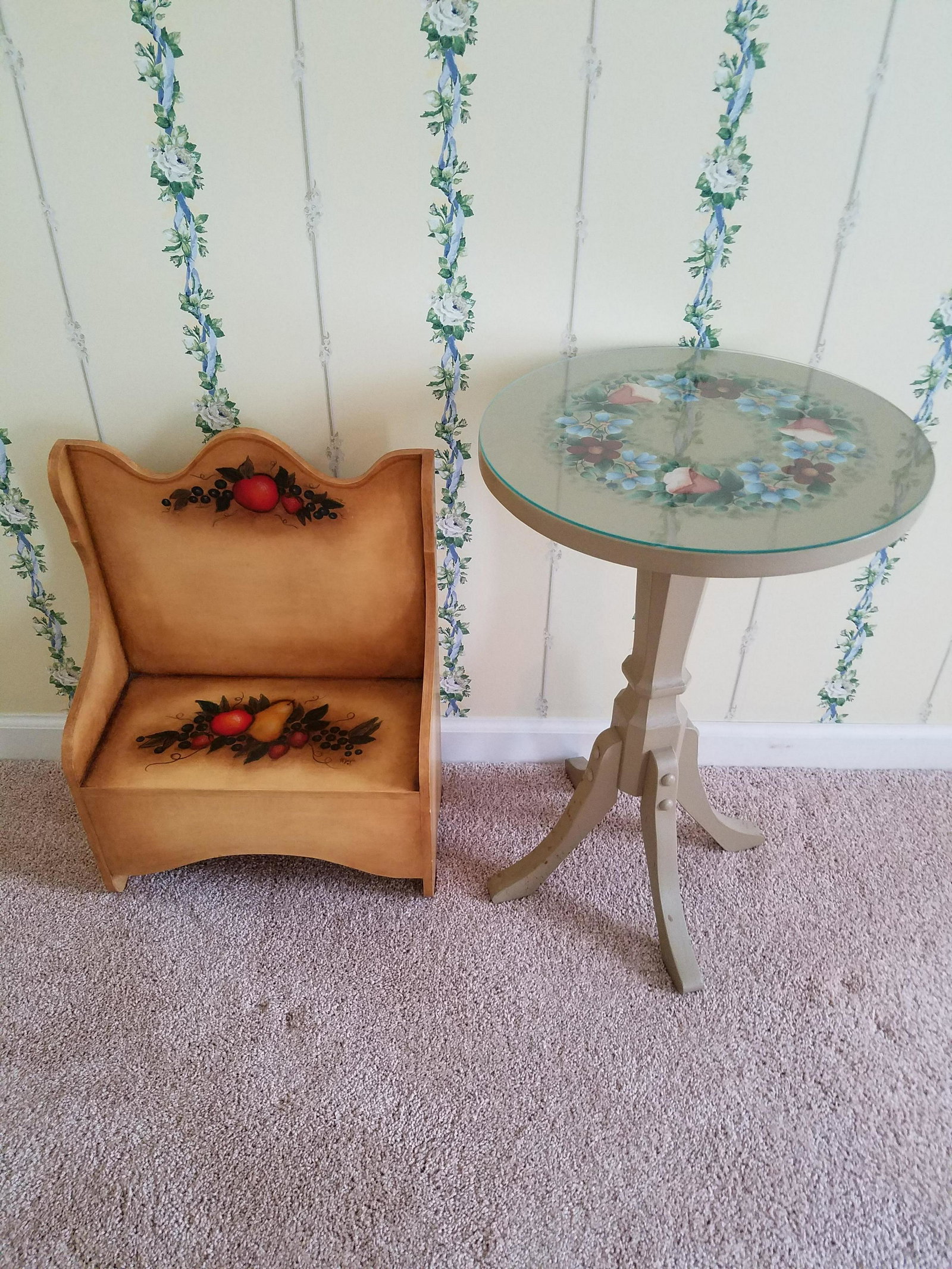 Painted Bench and Side Table: Bench 16" wide X 8" deep X 22" high. Table 15 3/4" diameter X 24 1/4" high.