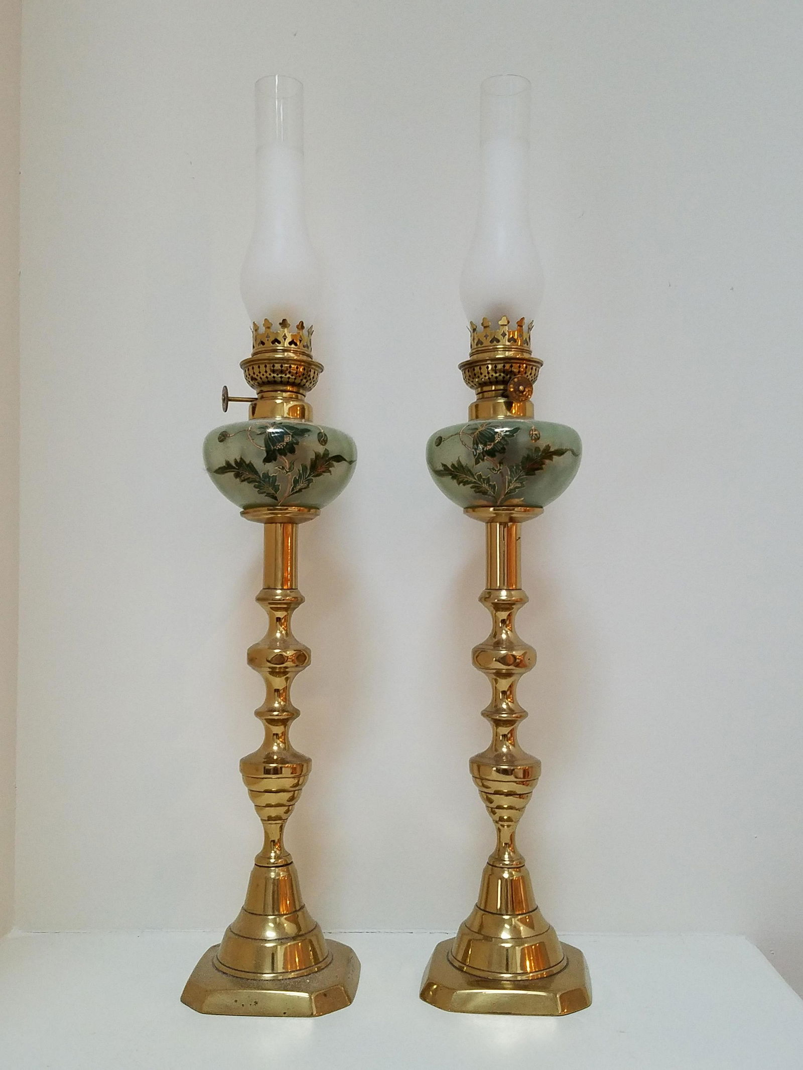 Pair of Brass and Glass Oil Lamps (1 of 3)