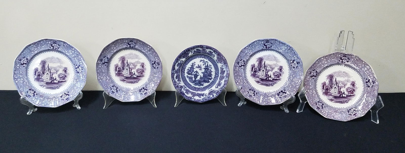 5 Transferware Plates: Includes WAdams & Sons and P W and Co. 8" to 8-3/4" diameter. Some with minor losses.