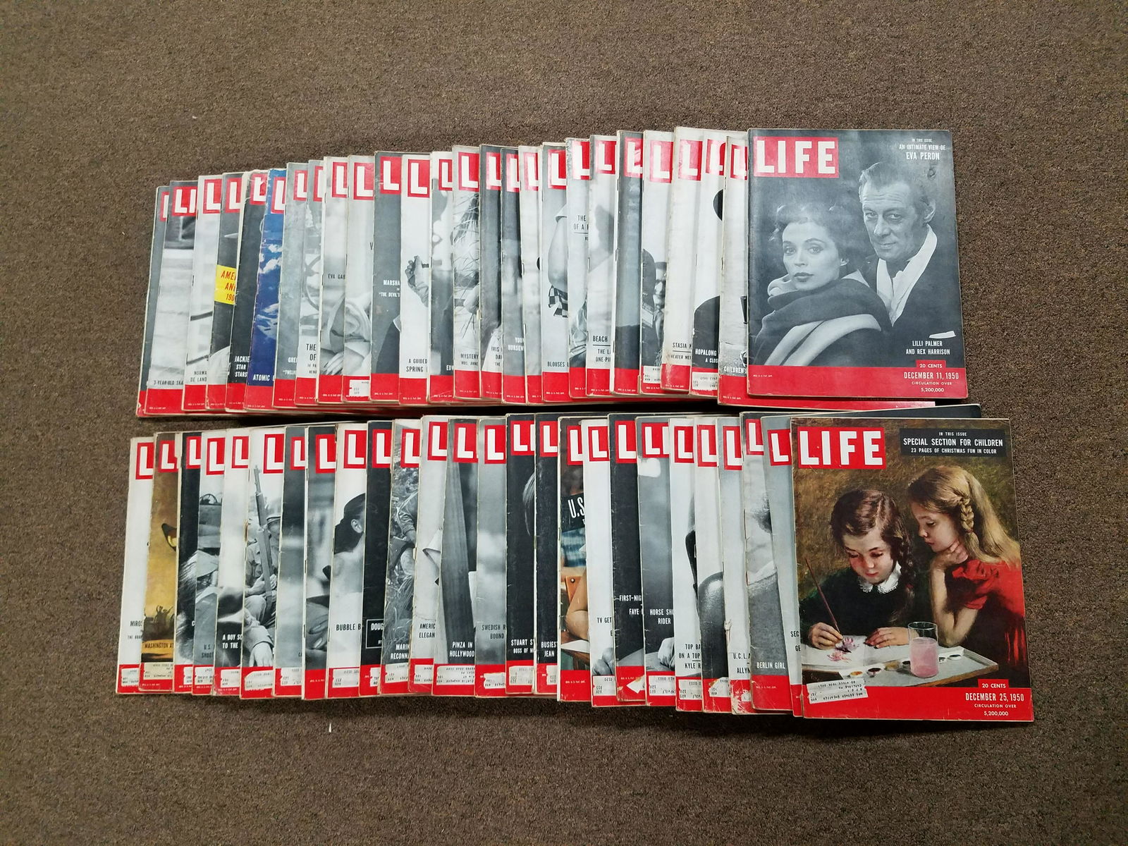 52 Issues of 1950 LIFE Magazine: Includes Peggy Dow, Edward John Stevens JR. ETC. In various conditions.