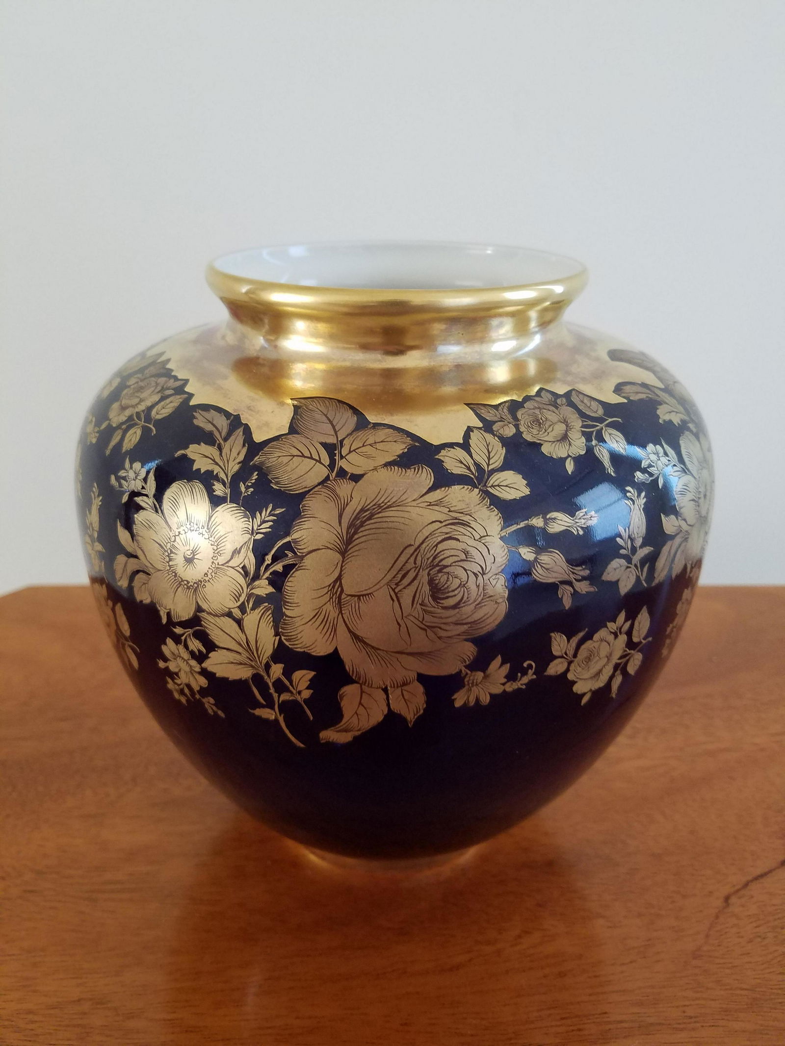 Kunst Bavaria Blue/Gold Vase: 7 1/2" diameter X 7 1/2" high.