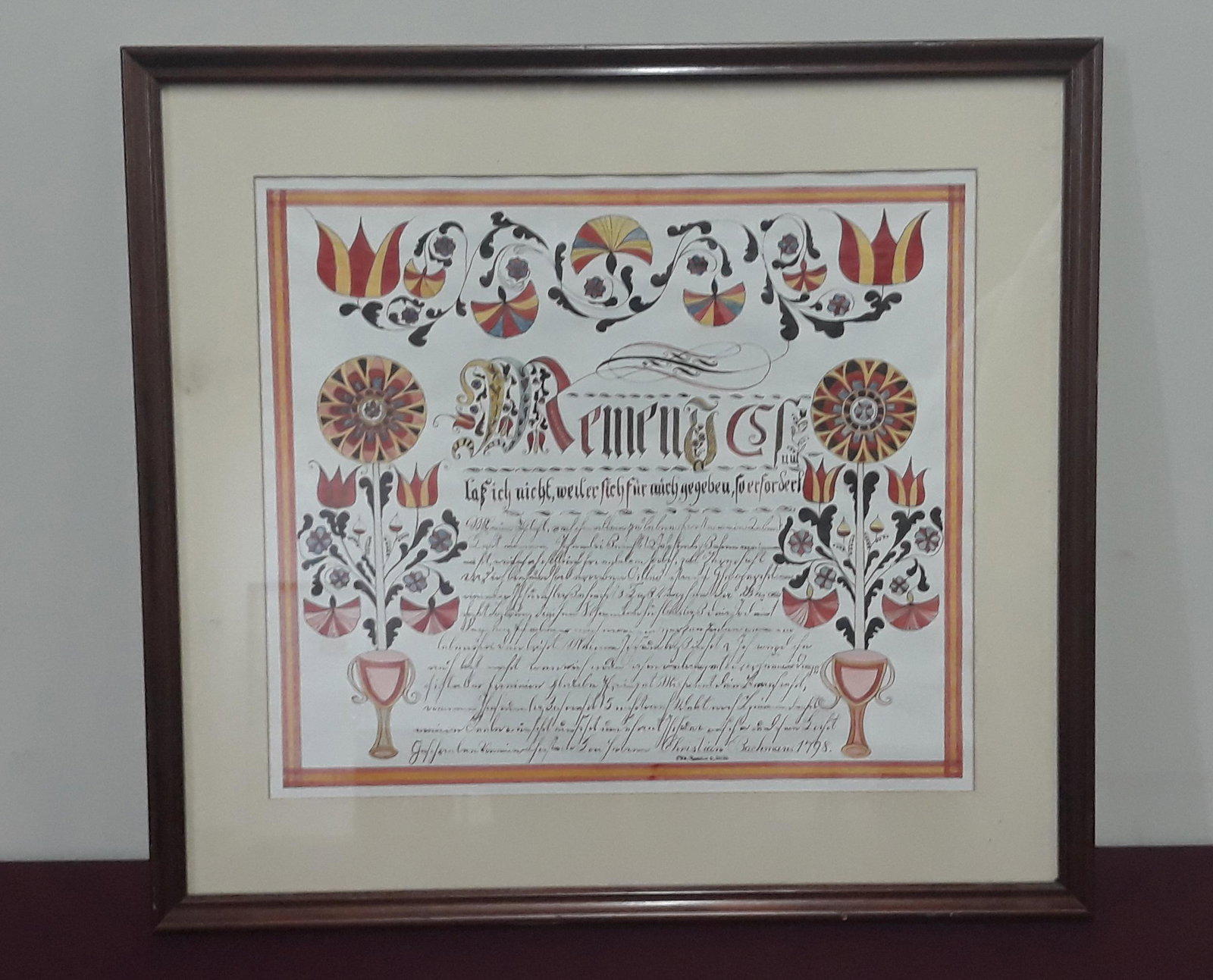 Reproduction Fraktur: Signed Rosalia G. Smith. Matted in frame. 21-1/4" wide in frame.
