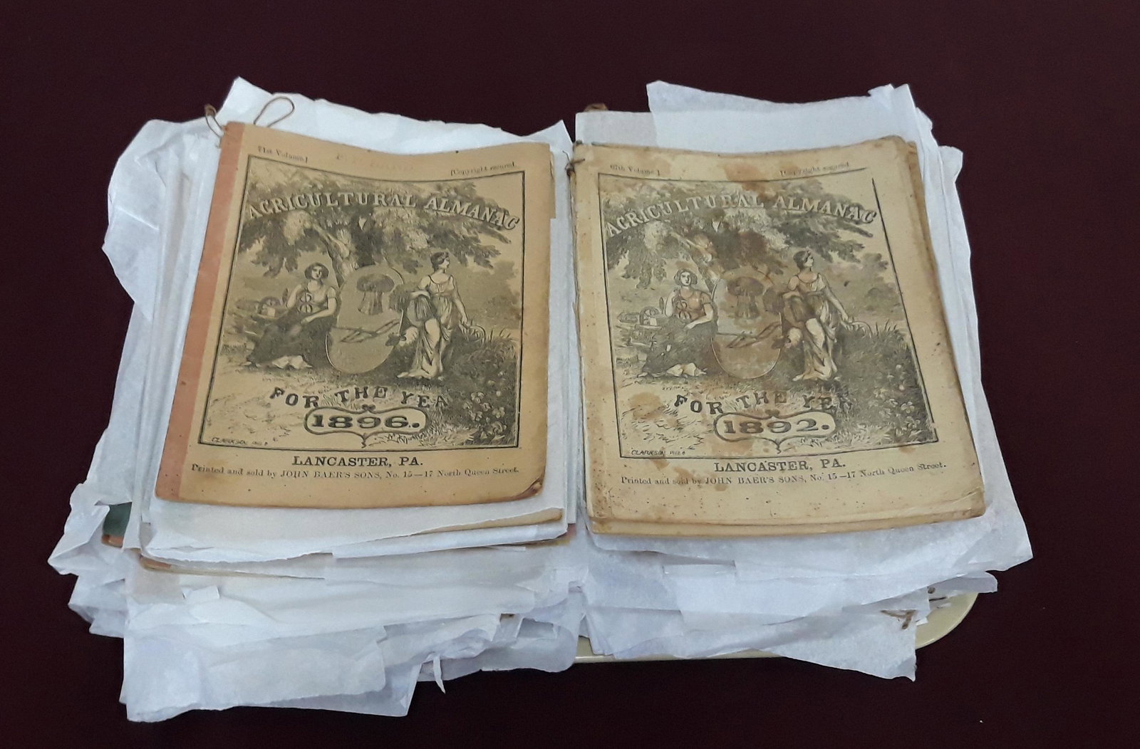 99 Agricultural Almanacs: John Baer's Sons 15-17 North Queen Street Lancaster PA. 1880s and 1890s.