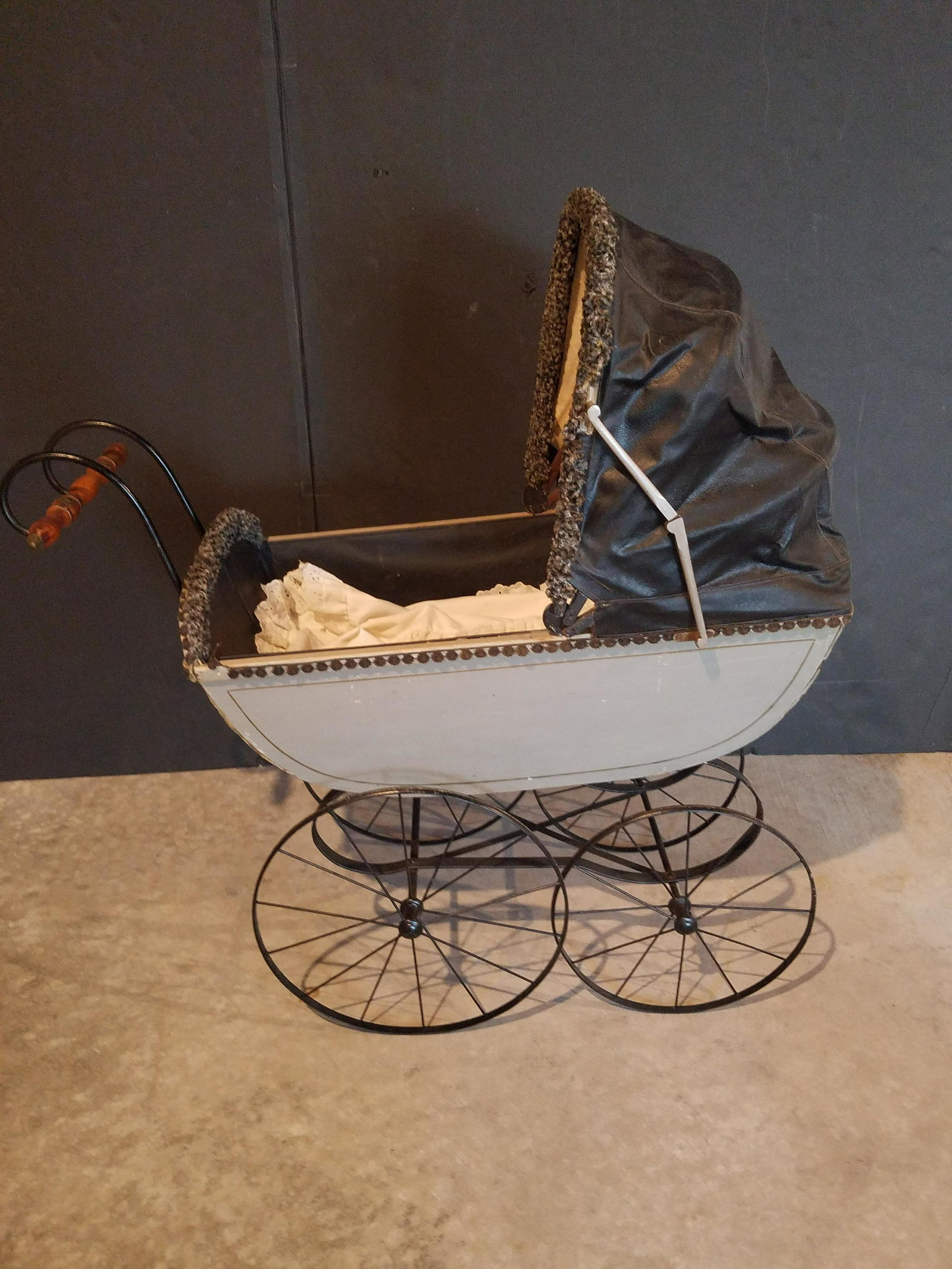 Antique Baby Carriage: 33" wide X 15" deep X 35" high.