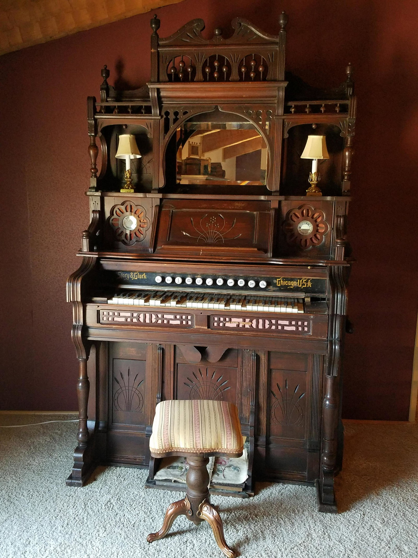 Story and Clark Organ: Organ 53-1/2" wide x 24" deep x 80" high. Stool 12-1/2" wide x 12-1/2" deep x 19-1/2" high
