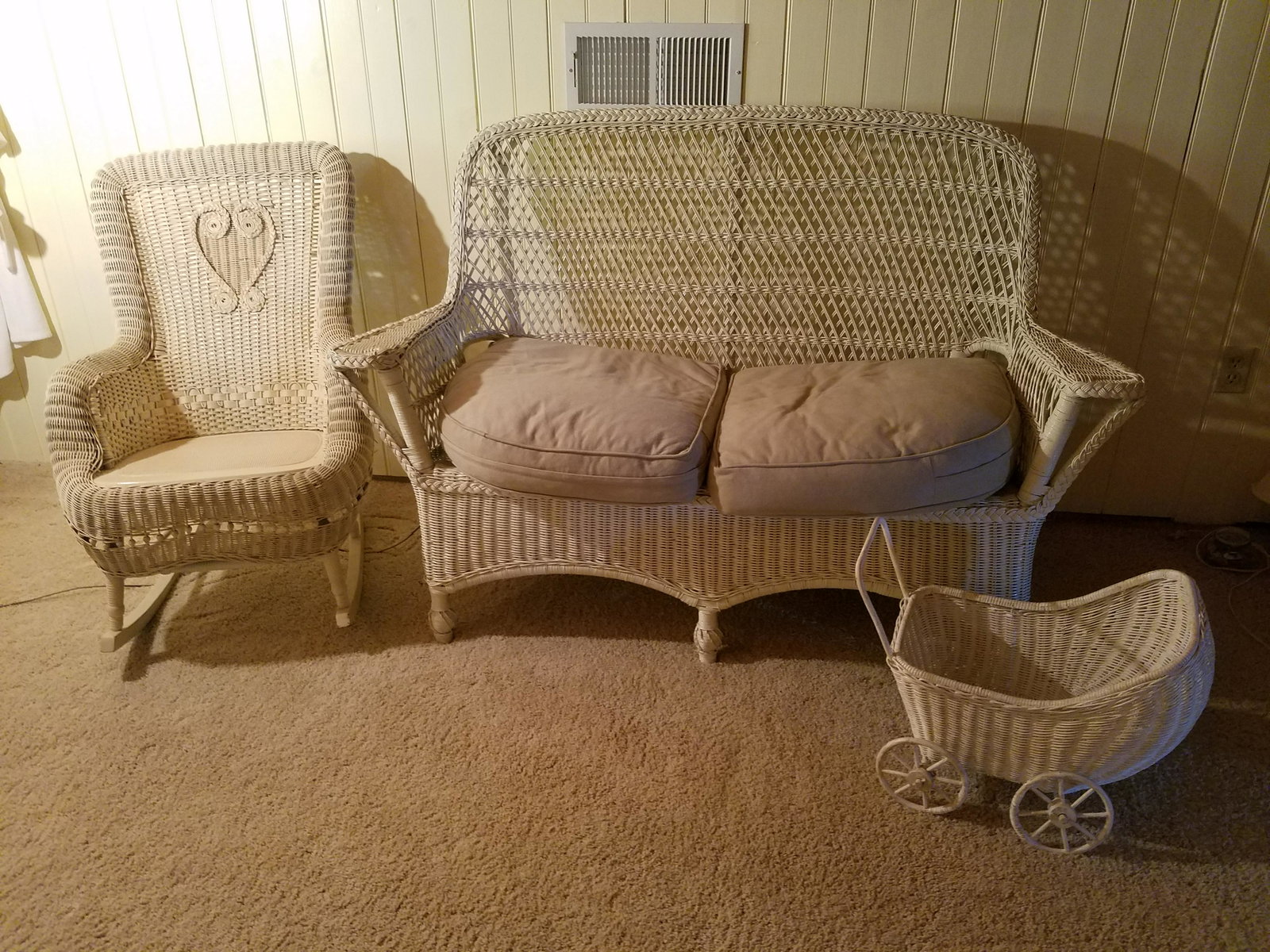 3 Pcs Wicker: Wicker Sofa: 58-1/2" wide x 26" deep x 39" high. Rocker: 24-1/2" wide x 31" deep x 36" high.