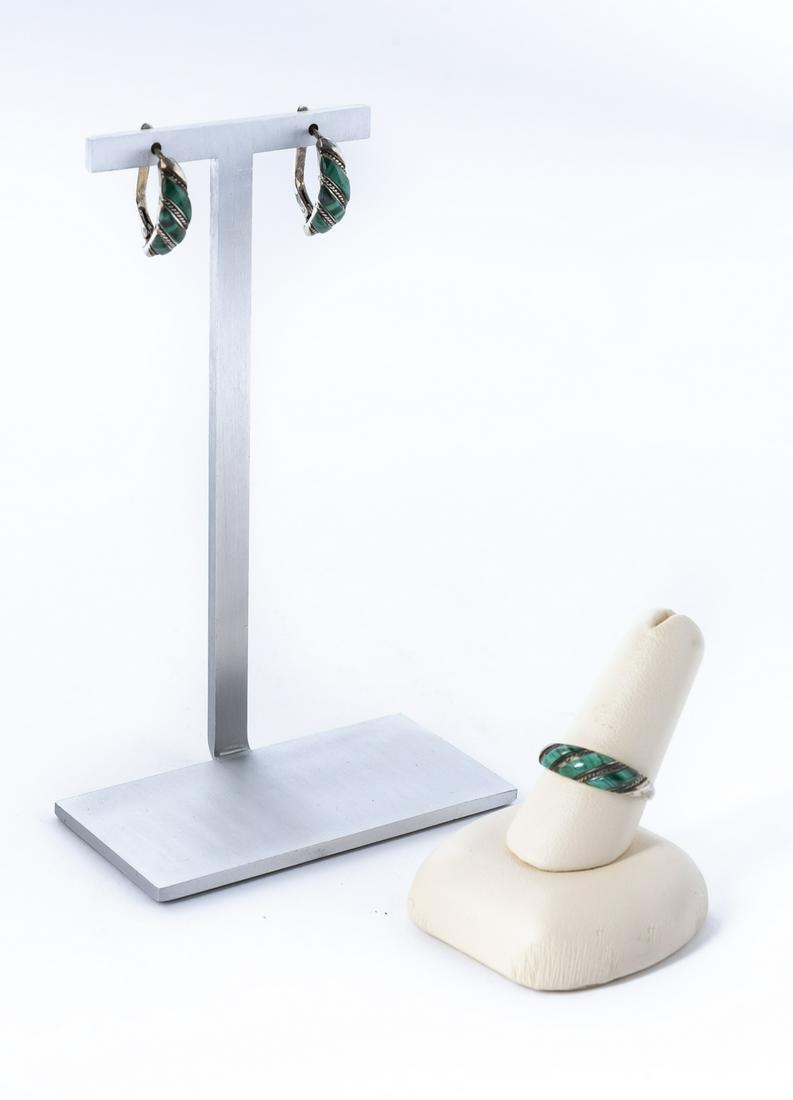 Sterling and Malachite Ring and Earrings: Ring size 8. Earrings 3/4".