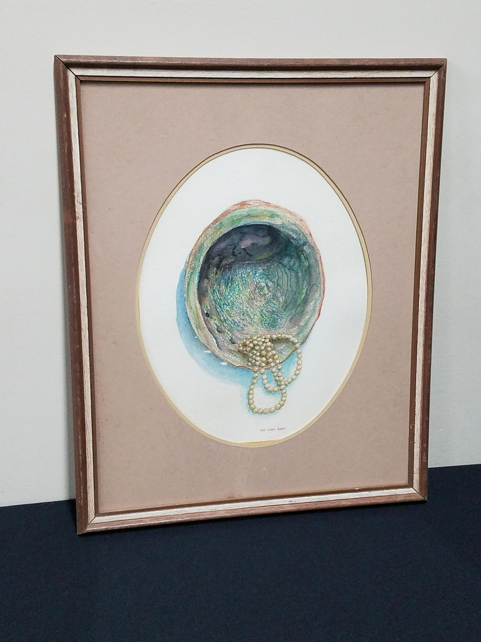 Jean Conal Garro Shell of Pearls Watercolor: Overall with frame 21-1/2" high x 17-1/2" wide.