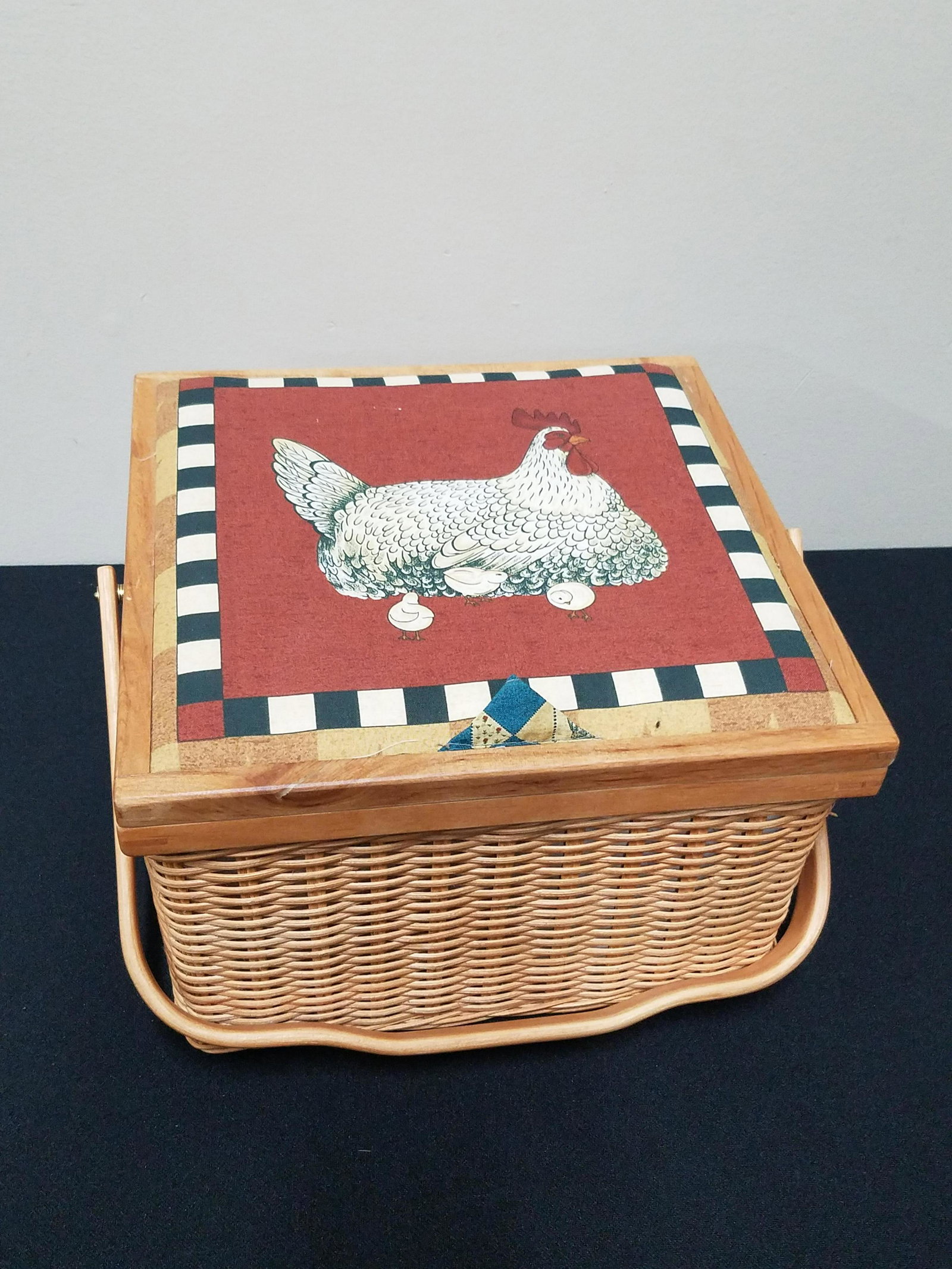 Warren Kimble Chicken Sewing Basket: 10-1/2" wide x 10-1/2" deep x 6-1/2" high.