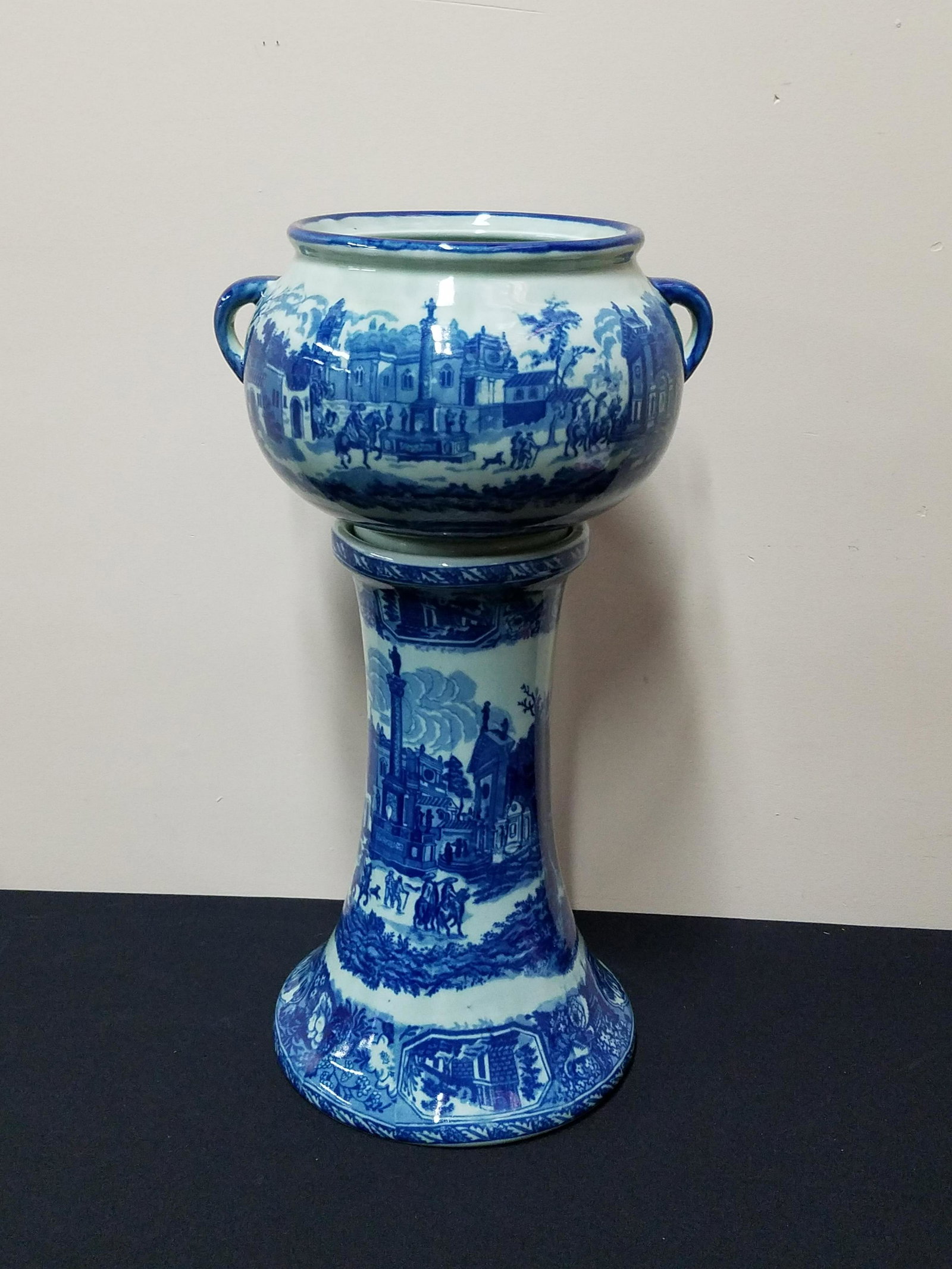 Ironstone Jardiniere and Pedestal: Overall 14" wide x 25-1/2" high.