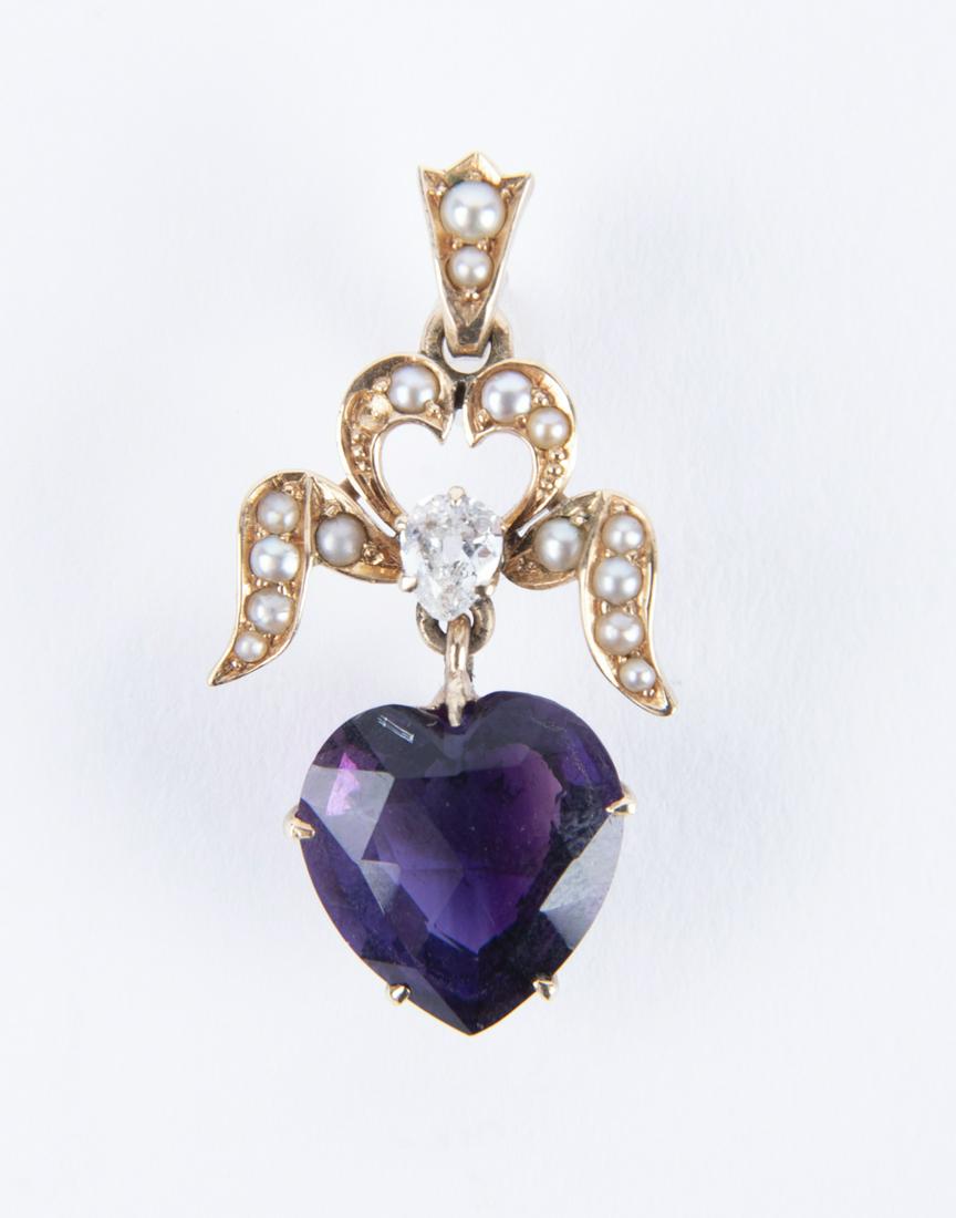 14k Diamond, Seed Pearl and Amethyst Heart Pendant (1 of 2)
