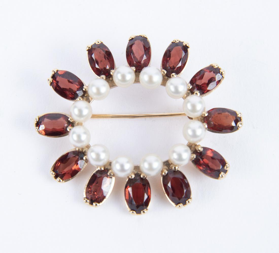 14k Madeira Garnet and Pearl Brooch (1 of 1)